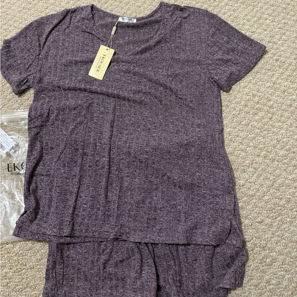 Ekouaer Purple Womens Ribbed Knit Lounge Set